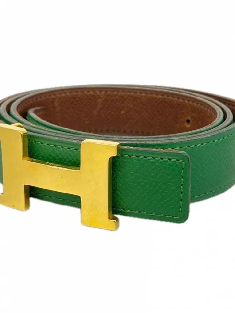 Authentic HERMES green brown reversible Constance gold H belt 80cm